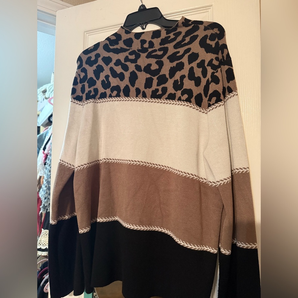 Investments Leopard Yoke Colorblock Crew Sweater - Brown/Beige/Black